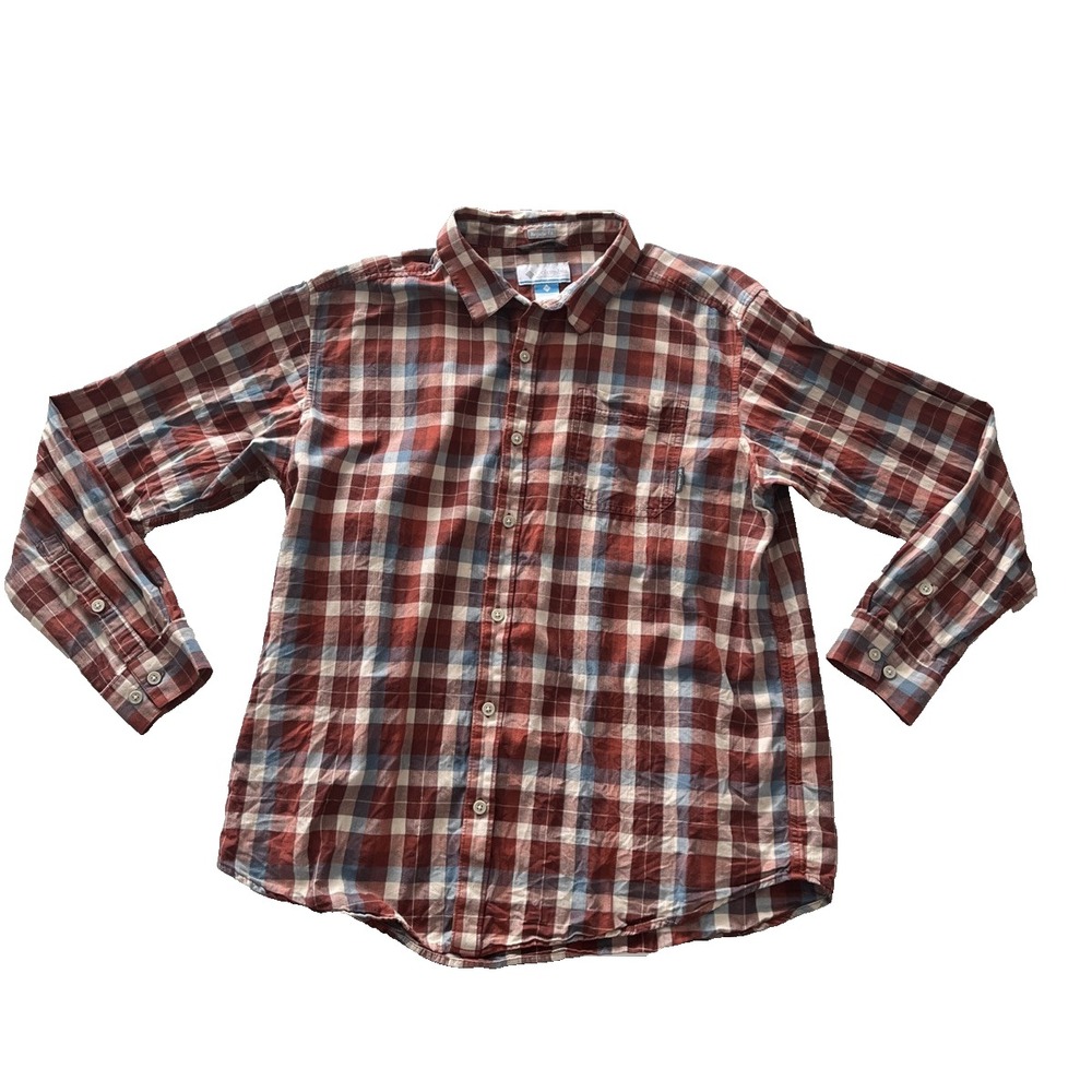 Columbia Men's Size XL Flannel Long Sleeve Orange Blue Plaid Regular Fit